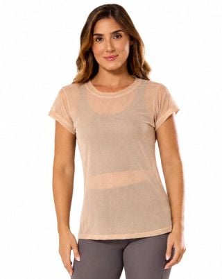 Camiseta Fitness Tule Flex Alongada Bege SND Fitness