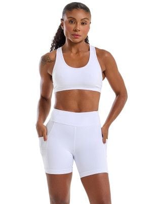Look Runner Multibolsos Top e Short  Alta Sustentação e Compressão UV50+ Branco SND Fitness