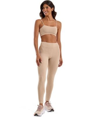 Look Balance Canelado Top + Legging Média Compressão e Sustentação UV50+ Bege SND Fitness