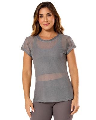 Camiseta Fitness Tule Flex Alongada Cinza SND Fitness