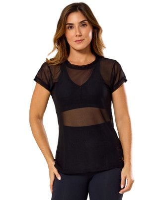 Camiseta Fitness Tule Flex Alongada Preta SND Fitness