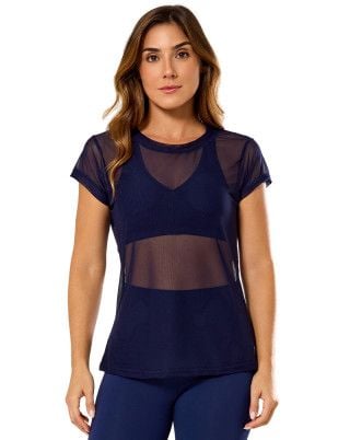 Camiseta Fitness Tule Flex Alongada Azul Marinho SND Fitness