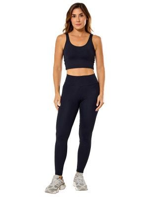 Look Elastic Touch Top + Calça Legging Média Compressão UV50+ Preto SND Fitness