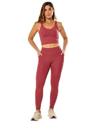 Look Elastic Touch Top + Calça Legging Média Compressão UV50+ Rosa Escuro SND Fitness