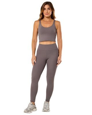 Look Elastic Touch Top + Calça Legging Média Compressão UV50+ Cinza SND Fitness