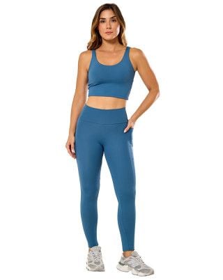 Look Elastic Touch Top + Calça Legging Média Compressão UV50+ Azul Petróleo SND Fitness