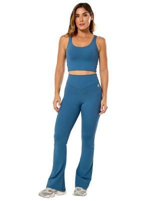 Look Elastic Touch Top + Calça Flare Média Compressão UV50+ Azul Petróleo SND Fitness