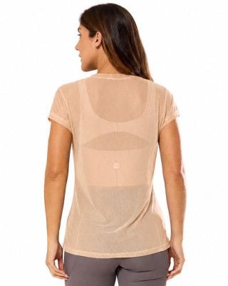 Camiseta Fitness Tule Flex Alongada Bege SND Fitness