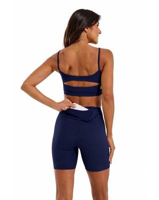 Look Balance Canelado Top + Bermuda Média Compressão e Sustentação UV50+ Azul Marinho SND Fitness
