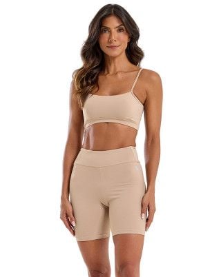 Look Balance Canelado Top + Bermuda Média Compressão e Sustentação Uv50+ Bege SND Fitness