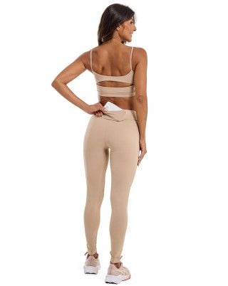 Look Balance Canelado Top + Legging Média Compressão e Sustentação UV50+ Bege SND Fitness