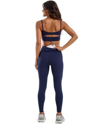 Look Balance Canelado Top + Legging Média Compressão e Sustentação UV50+ Azul Marinho SND Fitness