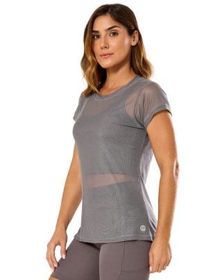 Camiseta Fitness Tule Flex Alongada Cinza SND Fitness