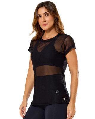 Camiseta Fitness Tule Flex Alongada Preta SND Fitness