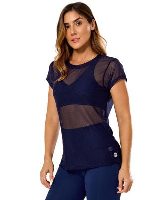 Camiseta Fitness Tule Flex Alongada Azul Marinho SND Fitness