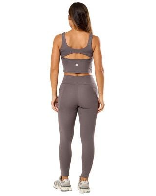 Look Elastic Touch Top + Calça Legging Média Compressão UV50+ Cinza SND Fitness